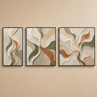 Organic abstract relief canvas set of 3 in black box frames