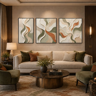 Black box framed organic abstract relief canvas set of 3 in a panelled lounge