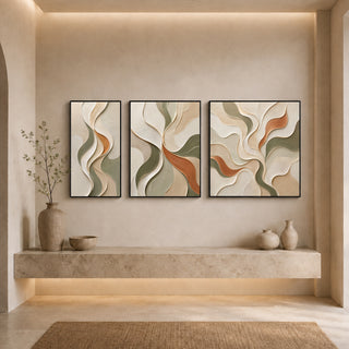 Black box framed abstract relief canvas set above a stone ledge