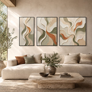 Framed 3D relief abstract wall art in a sunlit living room