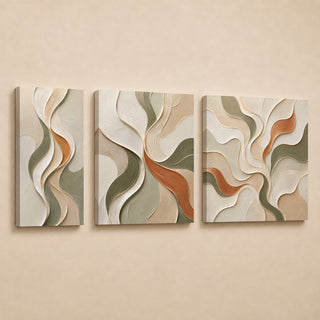 Organic abstract relief canvas triptych in gallery wrap, sage cream and rust