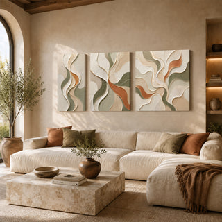 Flowing organic abstract 3D relief textured canvas print set of 3 in sage and rust