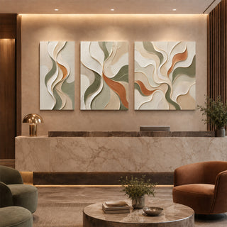 Organic abstract relief canvas set of 3 in a marble reception lobby
