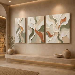 Gallery wrap organic abstract relief canvas above a stone ledge