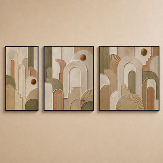 Art deco abstract relief canvas set of 3 in black box frames