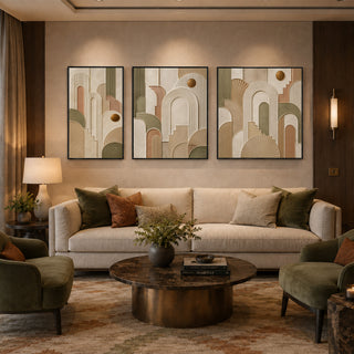 Black box framed art deco abstract relief canvas set of 3 in a panelled lounge