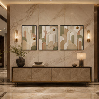 Black box framed art deco abstract relief triptych above a marble console
