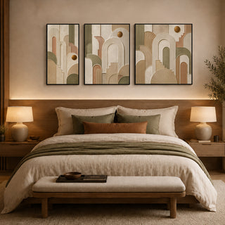 Framed abstract relief wall art above a bed in a warm bedroom