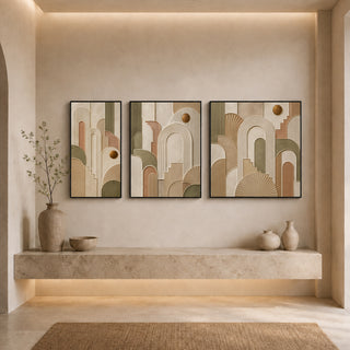 Black box framed abstract relief canvas set above a stone ledge
