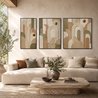 Framed 3D relief abstract wall art in a sunlit living room