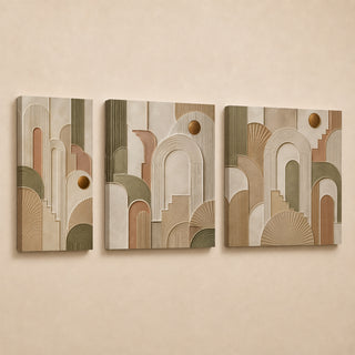 Art deco abstract relief canvas triptych in gallery wrap with gold accents
