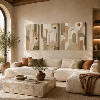 Art deco abstract 3D relief textured canvas print set of 3 in sage and clay