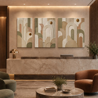 Art deco abstract relief canvas set of 3 in a marble reception lobby