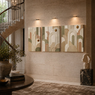 Art deco abstract relief canvas triptych on a stairwell wall
