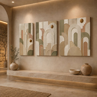 Gallery wrap art deco abstract relief canvas above a stone ledge