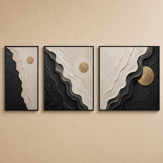 Black and white abstract relief canvas set of 3 in black box frames