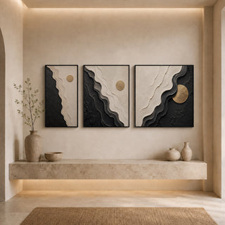Black box framed abstract relief canvas set above a stone ledge