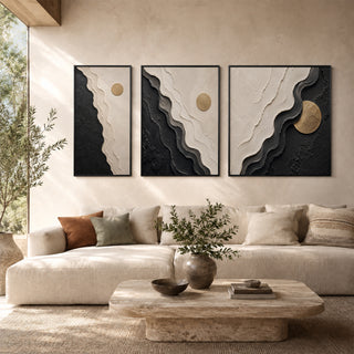 Framed 3D relief abstract wall art in a sunlit living room