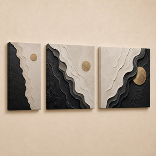 Black and cream abstract relief canvas triptych in gallery wrap with gold disc