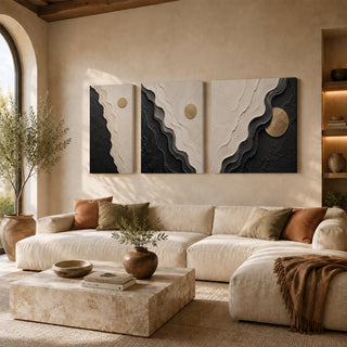 Black and white abstract 3D relief textured canvas print set of 3 with gold moon