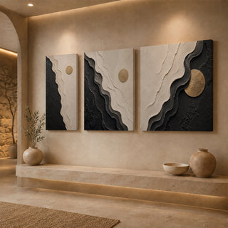 Gallery wrap black and white abstract relief canvas above a stone ledge