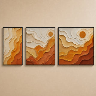 Amber abstract relief canvas set of 3 in black box frames