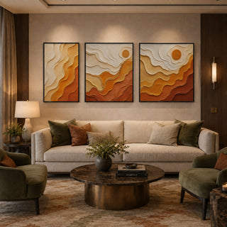 Black box framed amber abstract relief canvas set of 3 in a panelled lounge