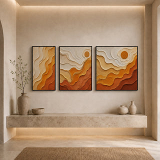 Black box framed abstract relief canvas set above a stone ledge