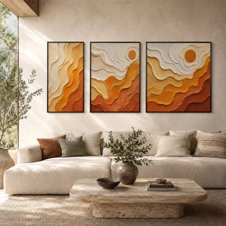 Framed 3D relief abstract wall art in a sunlit living room