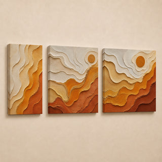 Amber and orange abstract relief canvas triptych in gallery wrap with sun motif