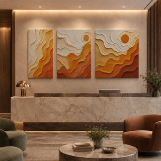 Amber abstract relief canvas set of 3 in a marble reception lobby