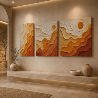 Gallery wrap amber abstract relief canvas above a stone ledge