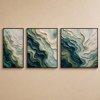 Teal marbled abstract relief canvas set of 3 in black box frames