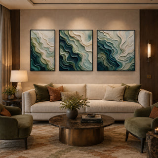 Black box framed teal abstract relief canvas set of 3 in a panelled lounge