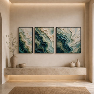 Black box framed abstract relief canvas set above a stone ledge
