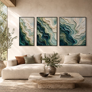 Framed 3D relief abstract wall art in a sunlit living room