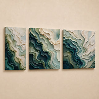 Teal marbled abstract relief canvas triptych in gallery wrap
