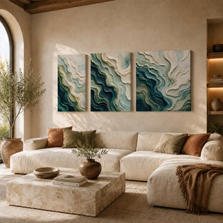 Teal and jade abstract 3D relief textured canvas print set of 3