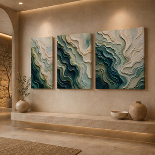 Gallery wrap teal abstract relief canvas above a stone ledge
