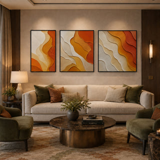 Black box framed saffron abstract relief canvas set of 3 in a panelled lounge