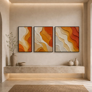 Black box framed abstract relief canvas set above a stone ledge