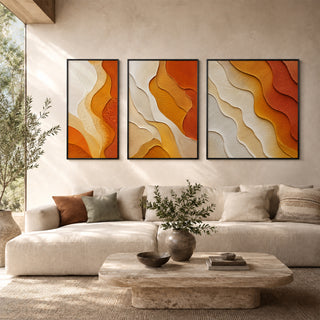 Framed 3D relief abstract wall art in a sunlit living room