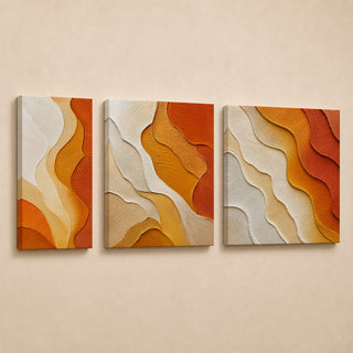 Orange and gold abstract relief canvas triptych in gallery wrap