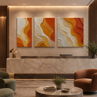 Saffron abstract relief canvas set of 3 in a marble reception lobby