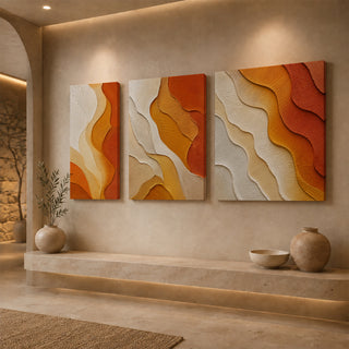 Gallery wrap saffron abstract relief canvas above a stone ledge