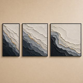Charcoal and slate abstract relief canvas set of 3 in black box frames