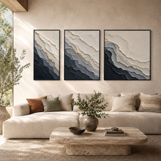 Framed 3D relief abstract wall art in a sunlit living room