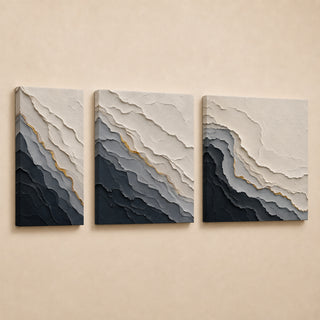 Grey layered abstract relief canvas triptych in gallery wrap with gold seam