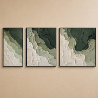 Green marbled abstract relief canvas set of 3 in black box frames