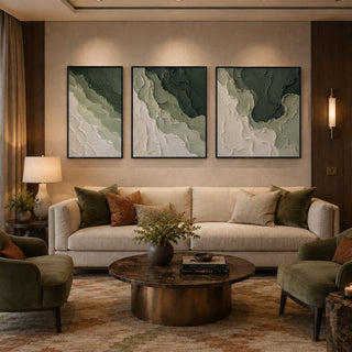 Black box framed forest green abstract relief canvas set of 3 in a lounge